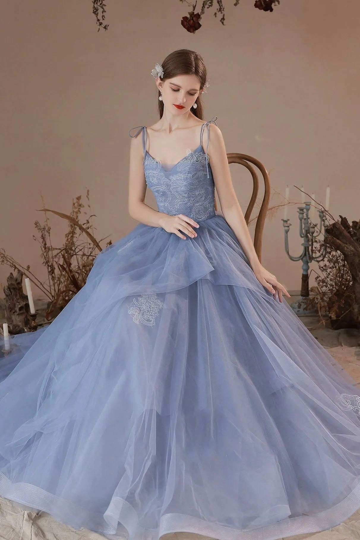 Blue Spaghetti Straps Lace Long Formal Dress, Blue A-Line Evening Party Dress