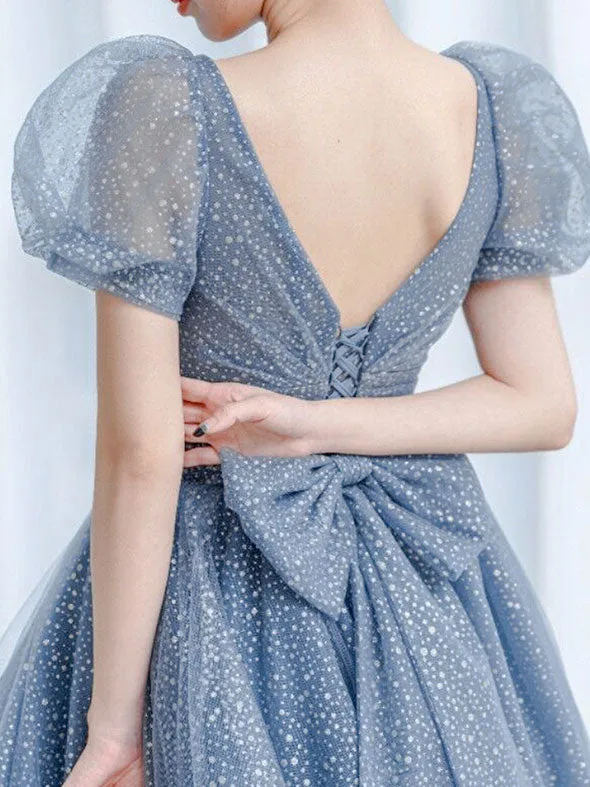 Blue Tulle V Neck Tulle Long Prom Dress, Blue Sweet 16 Dress