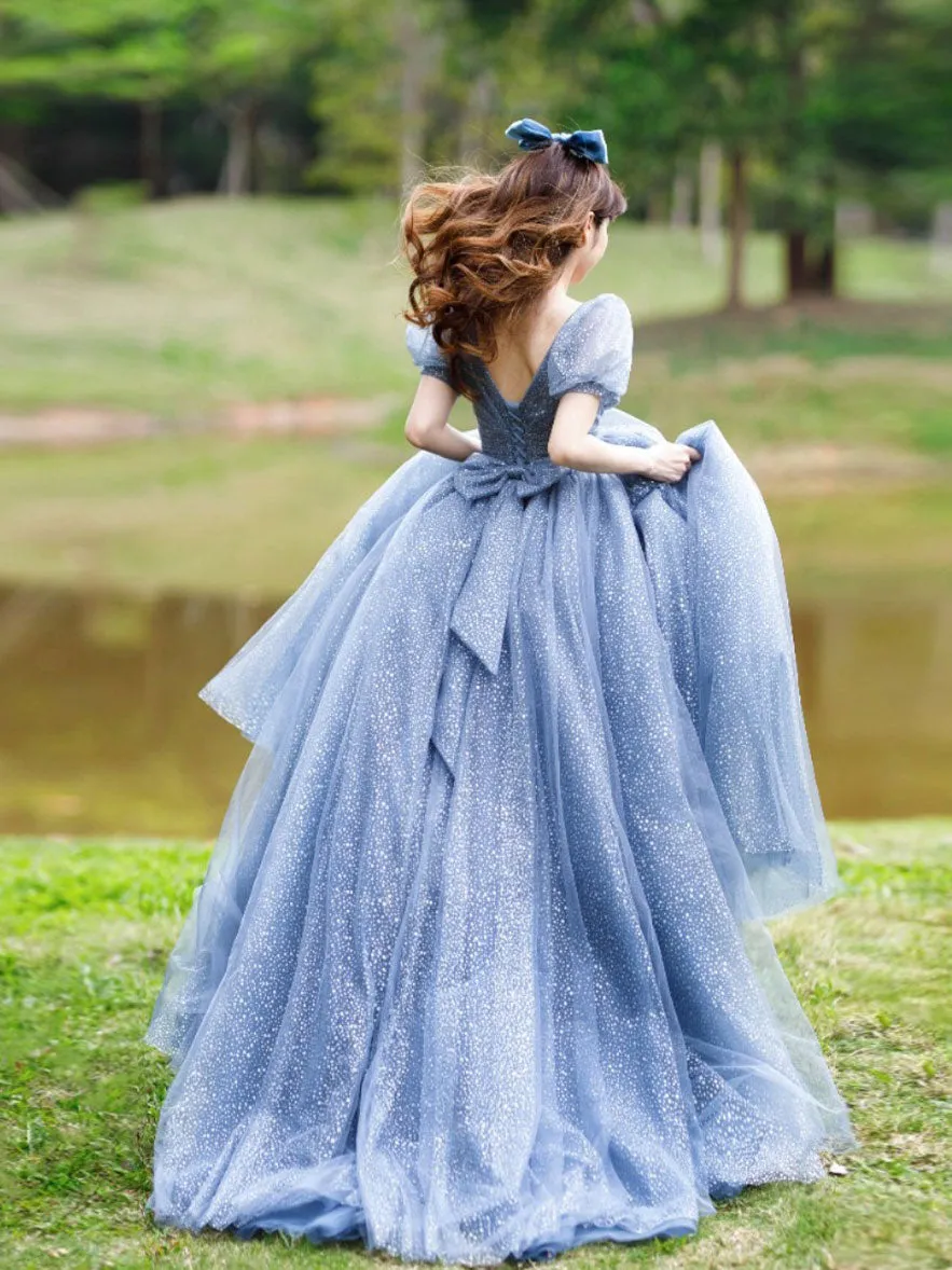 Blue Tulle V Neck Tulle Long Prom Dress, Blue Sweet 16 Dress