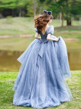 Blue Tulle V Neck Tulle Long Prom Dress, Blue Sweet 16 Dress