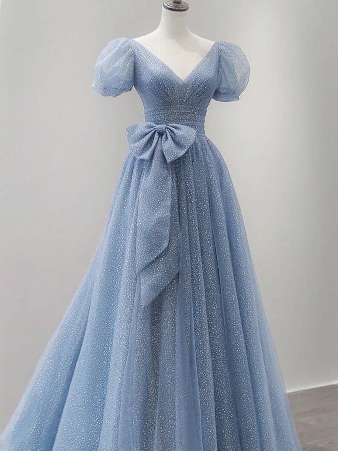 Blue Tulle V Neck Tulle Long Prom Dress, Blue Sweet 16 Dress