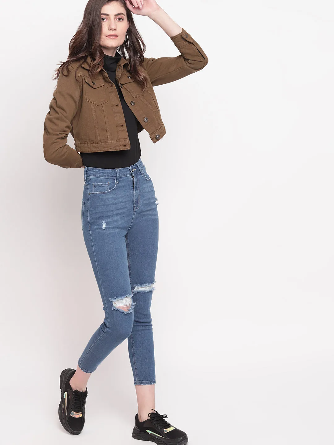 Brown Cropped Denim Jacket
