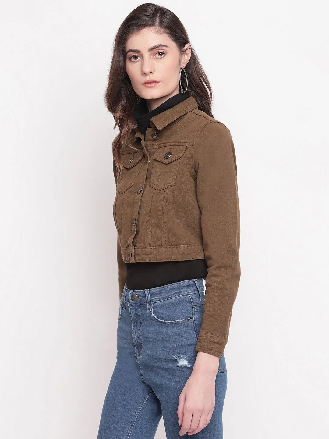 Brown Cropped Denim Jacket