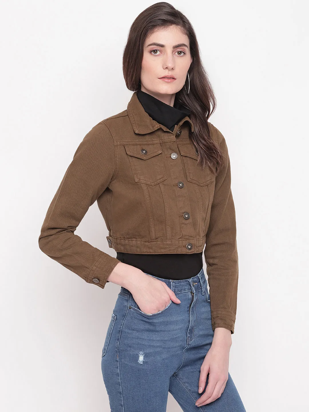 Brown Cropped Denim Jacket
