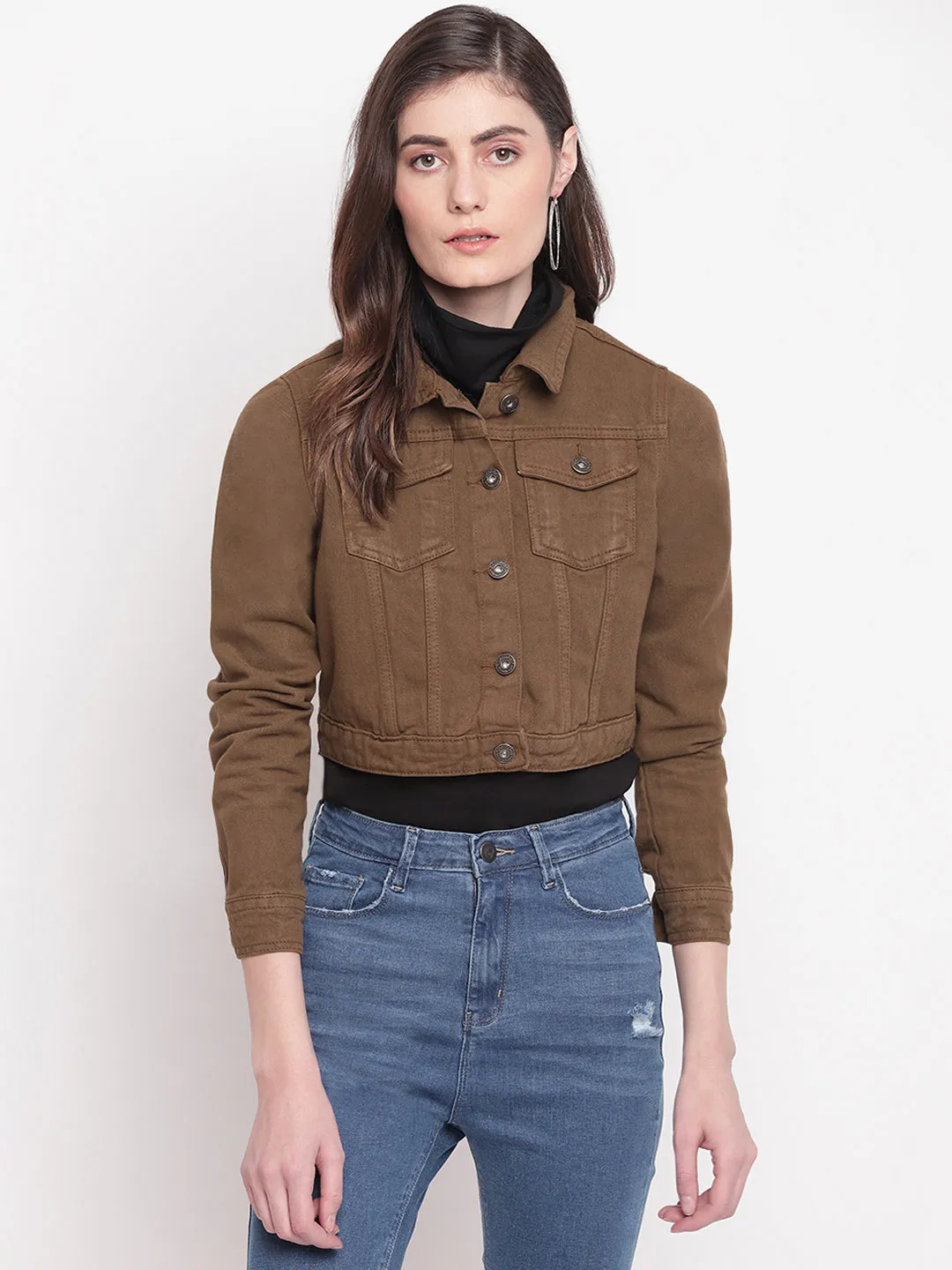 Brown Cropped Denim Jacket