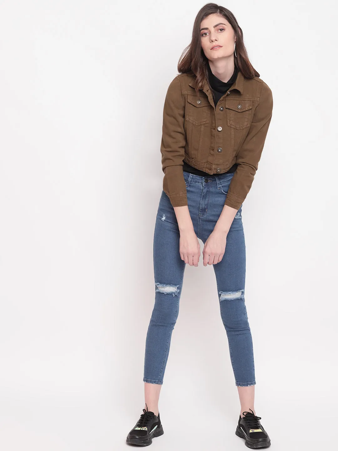 Brown Cropped Denim Jacket