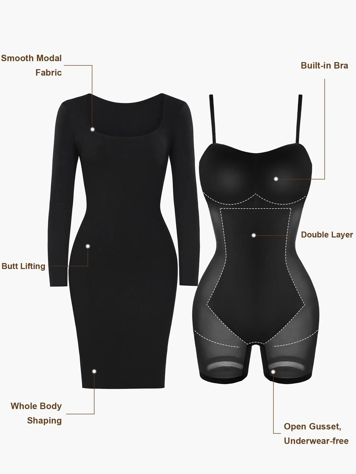 Built-In Shapewear Long Sleeve Midi Lounge Dress