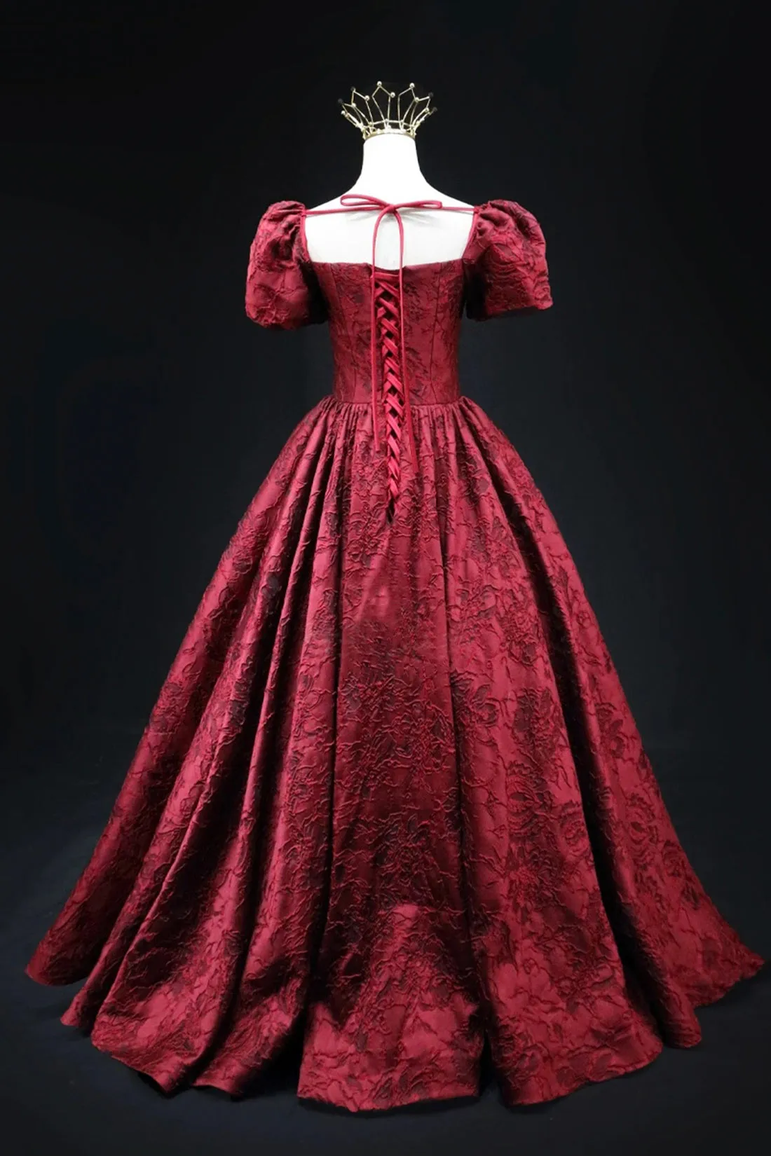 Burgundy Printed Long A-Line Prom Dress, A-Line Short Sleeve Formal Evening Dress