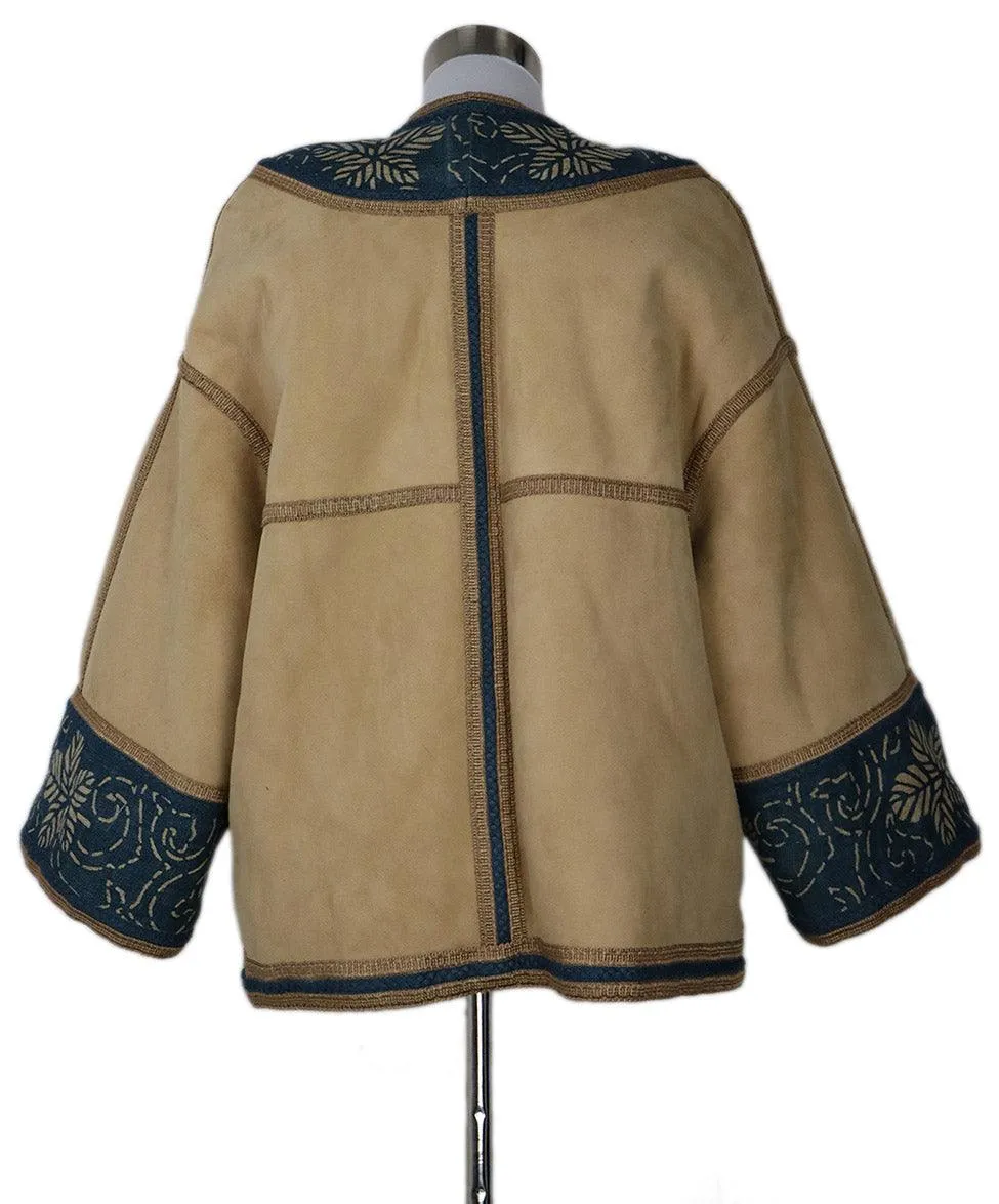 Carlo Tivioli Tan Shearling & Blue Linen Coat sz 4