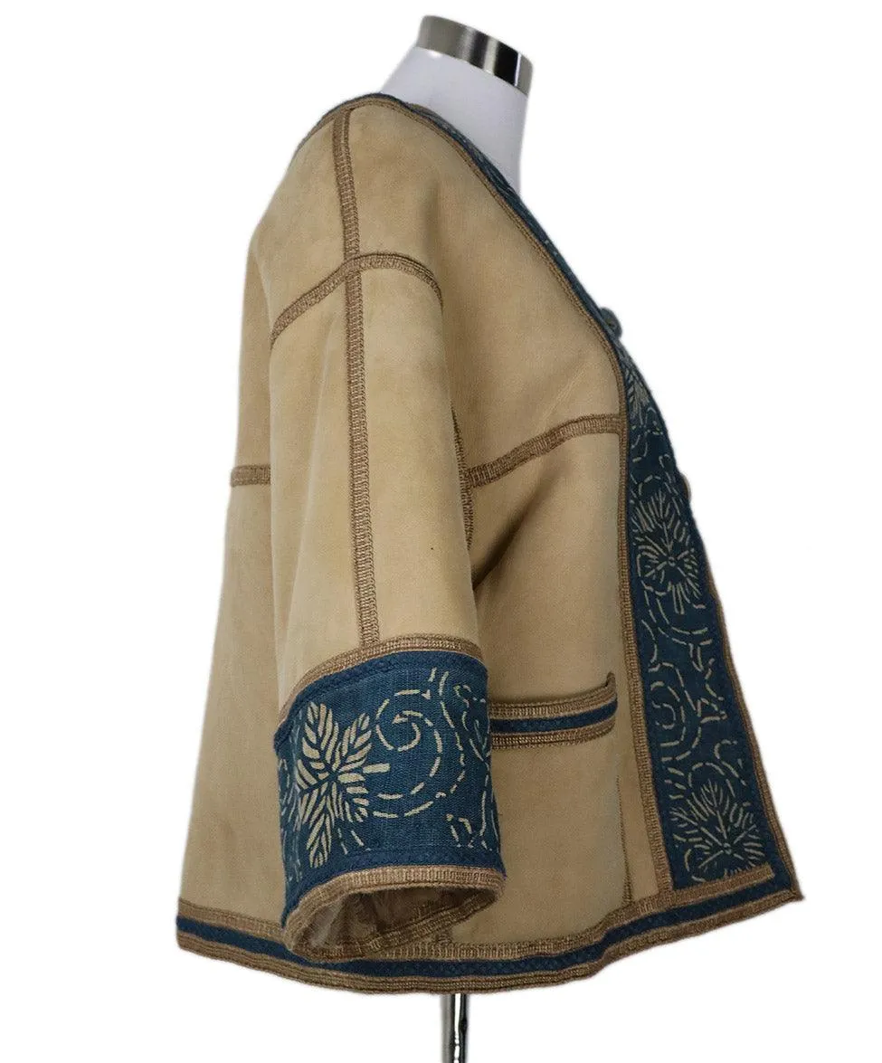 Carlo Tivioli Tan Shearling & Blue Linen Coat sz 4