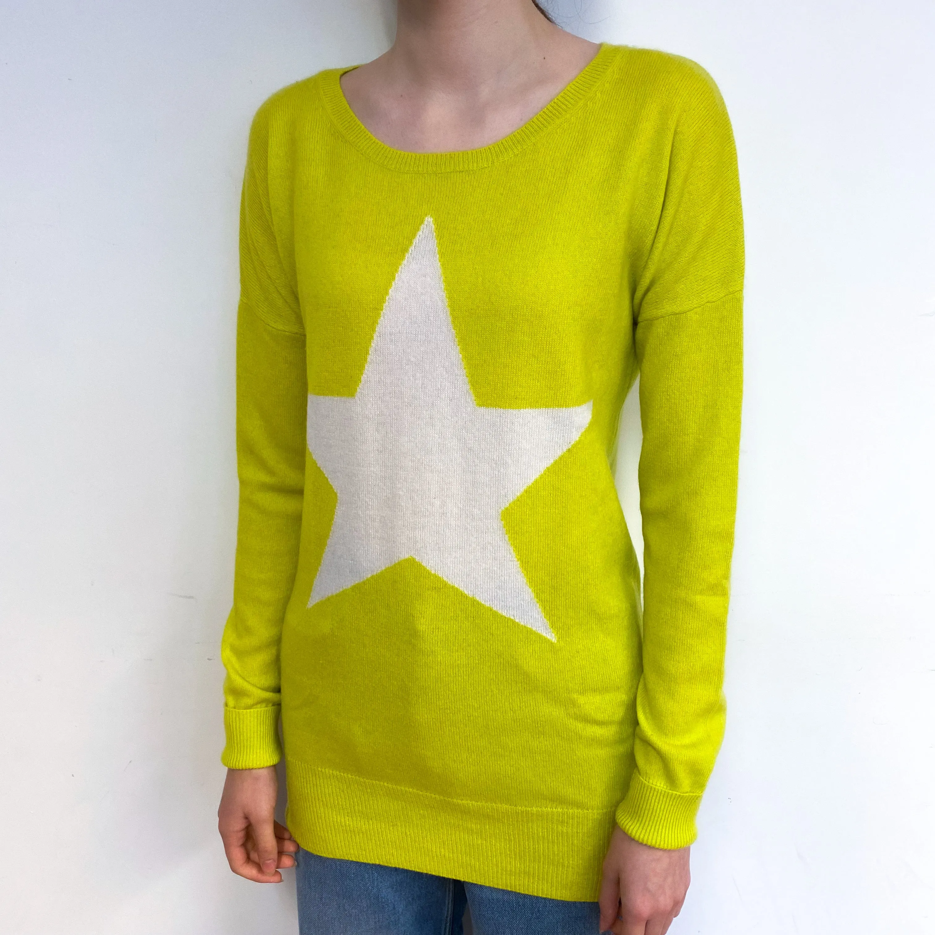 Chartreuse Yellow Star Cashmere Crew Neck Jumper Extra Small