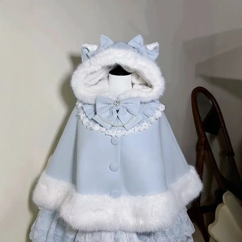 Classic Lolita Coat Fleece Lined Cape Cat Ear Hood Coat