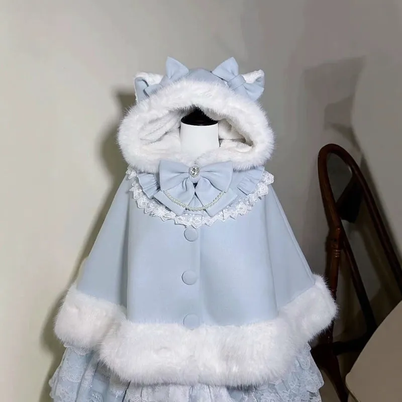 Classic Lolita Coat Fleece Lined Cape Cat Ear Hood Coat