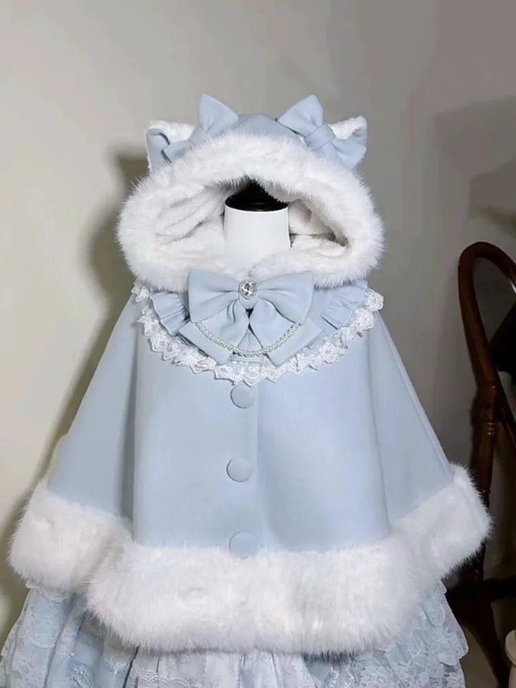 Classic Lolita Coat Fleece Lined Cape Cat Ear Hood Coat