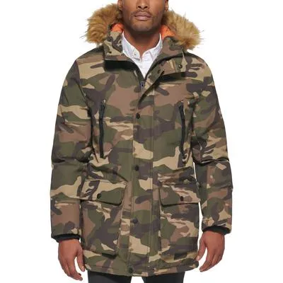 Club Room Mens Parka Coat Medium Green Fur Trim Camouflage