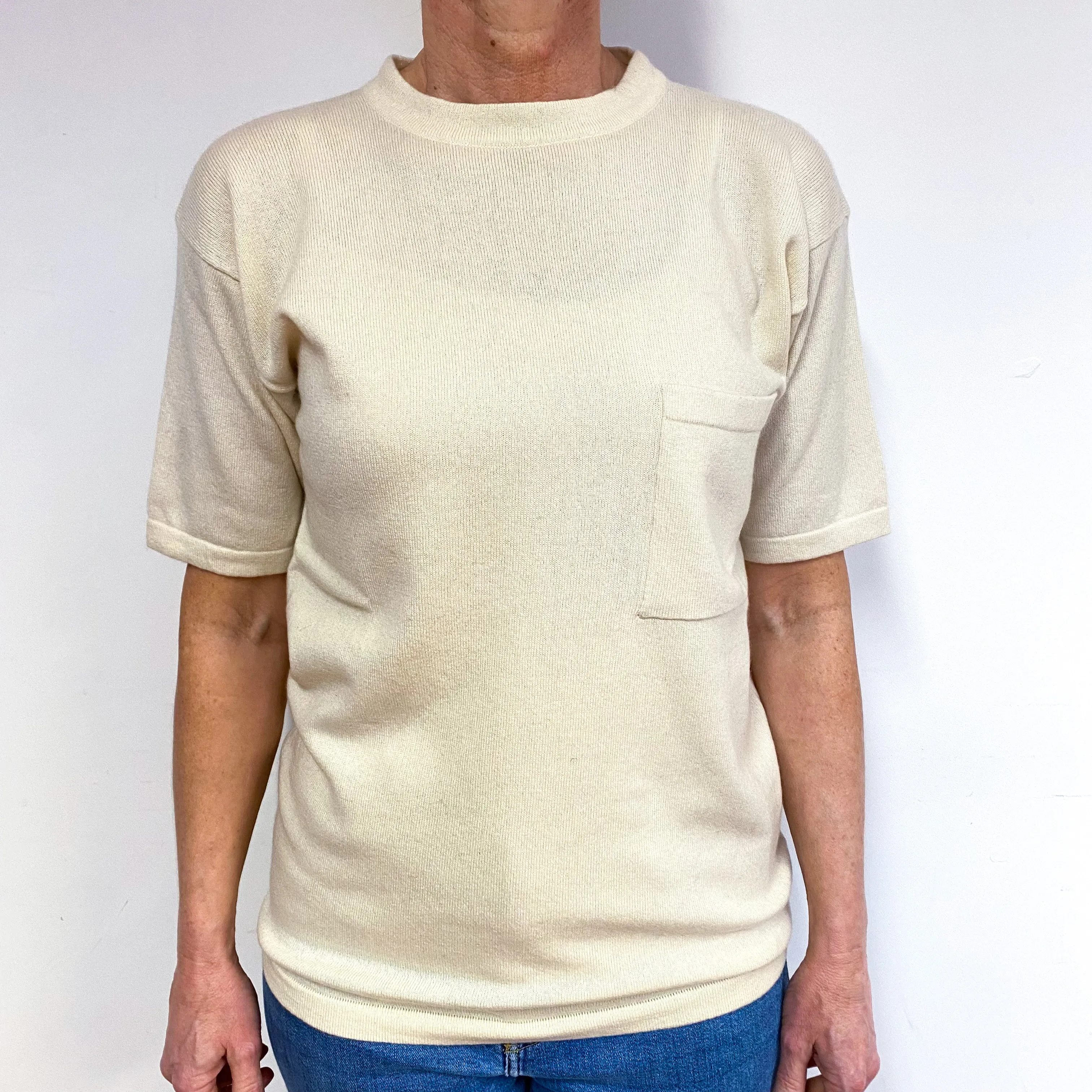 Cream Short Sleeve Cashmere Crew Neck Jumper Medium