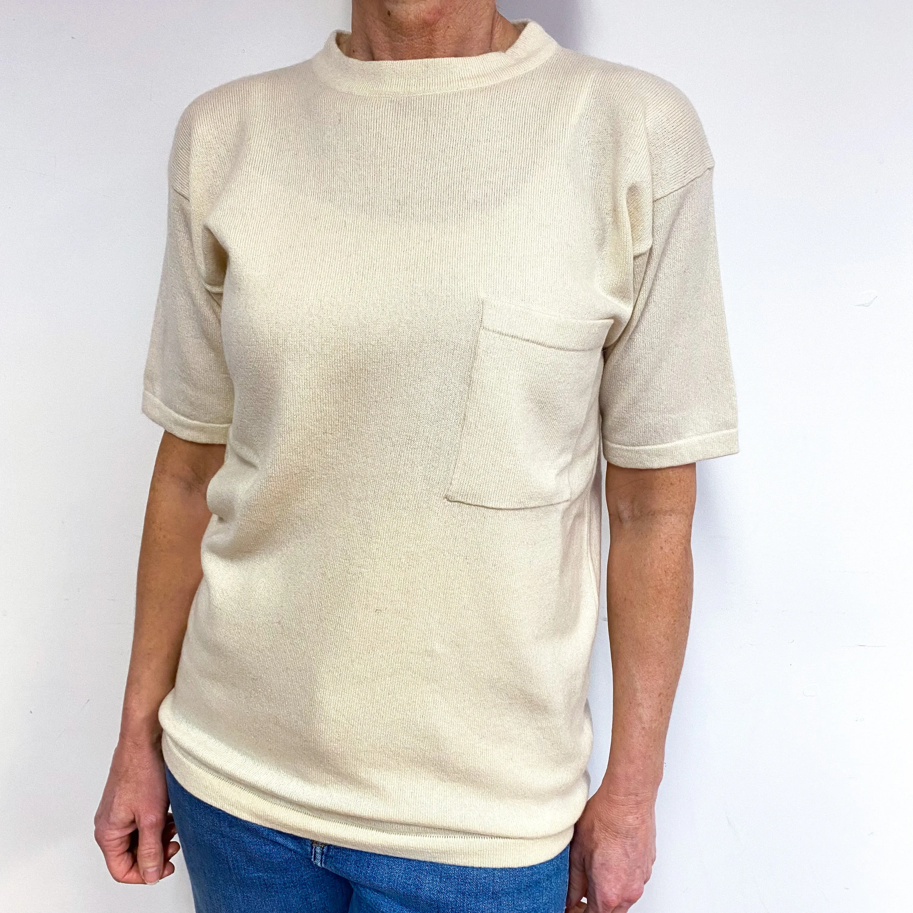 Cream Short Sleeve Cashmere Crew Neck Jumper Medium