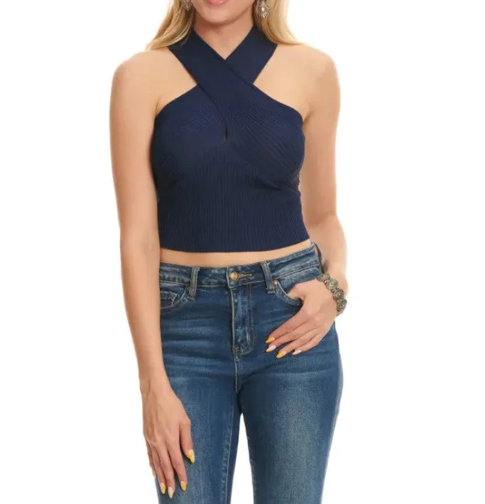 Cross Neck Ribbed Cropped Knit Top - Navy