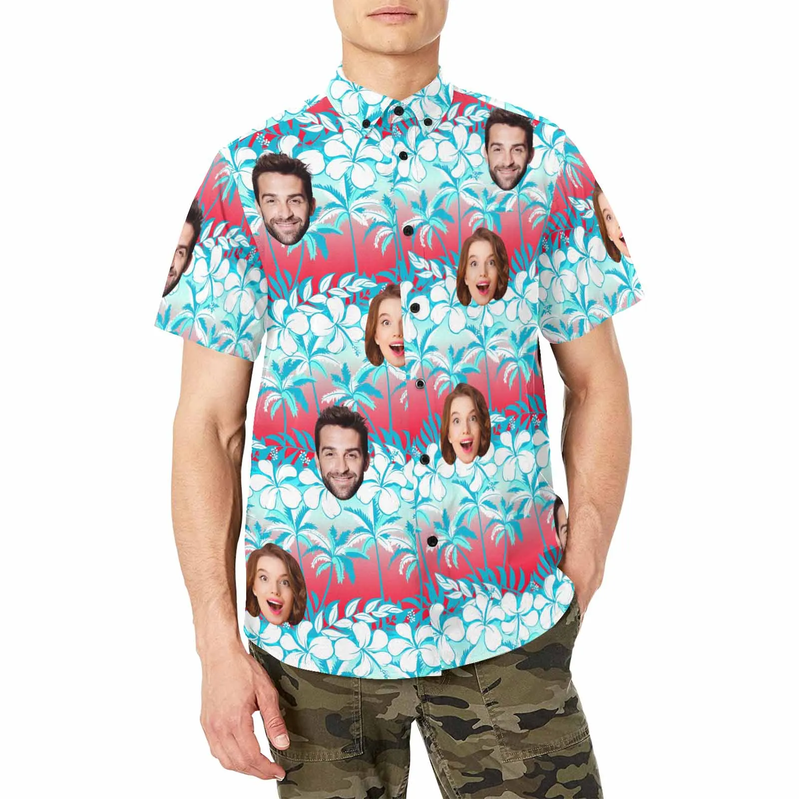 Custom Hawaiian Men's Shirt With Face Personalized Shirt With Chest Pocket Tropical Floral Gift To Father Boyfriend