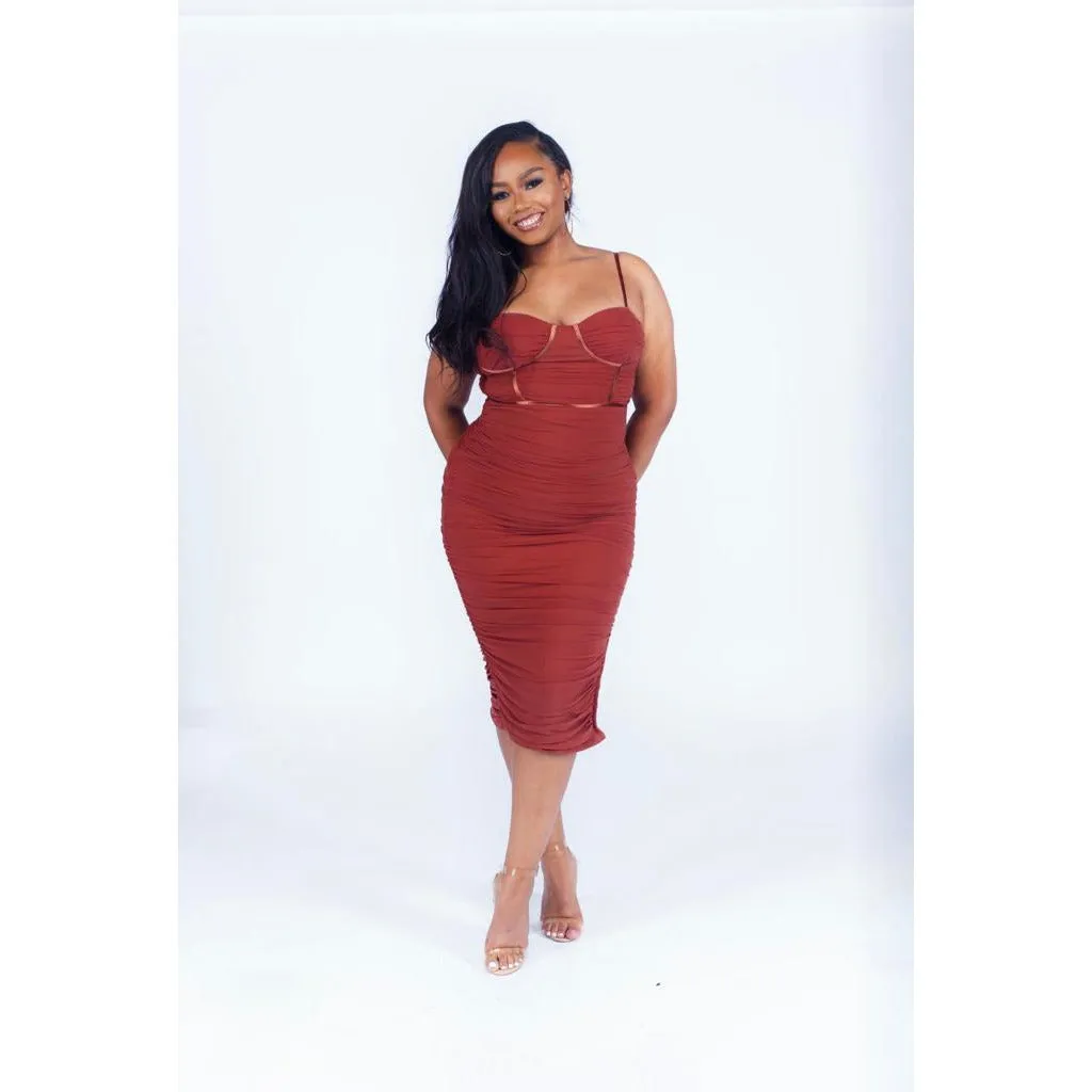 Desert Storm Ruched Midi Dress (Rust)