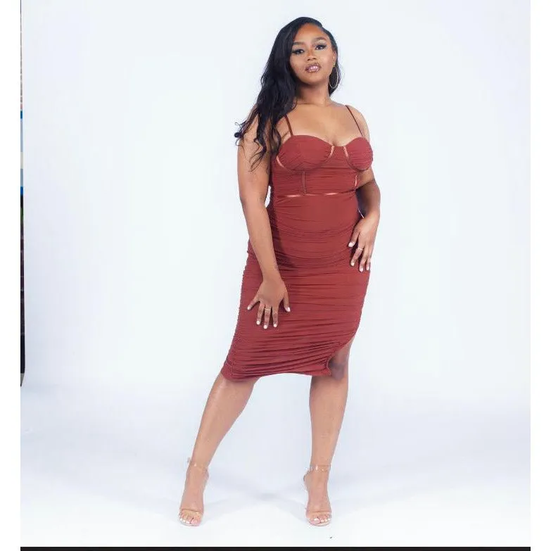 Desert Storm Ruched Midi Dress (Rust)