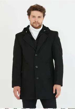 [Drew] Black Single-Breasted Pea Coat with Removable Hood 100% Wool