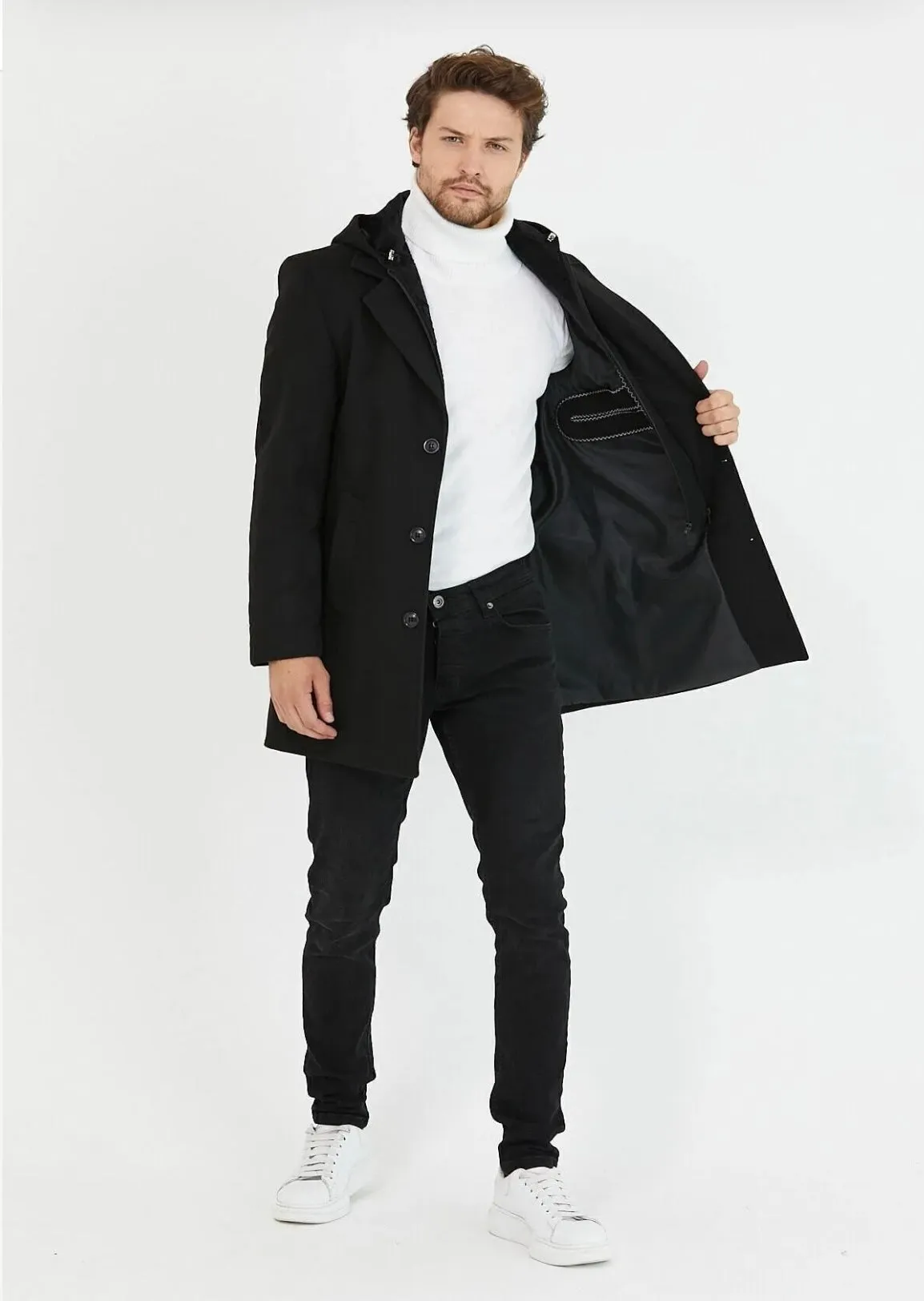 [Drew] Black Single-Breasted Pea Coat with Removable Hood 100% Wool
