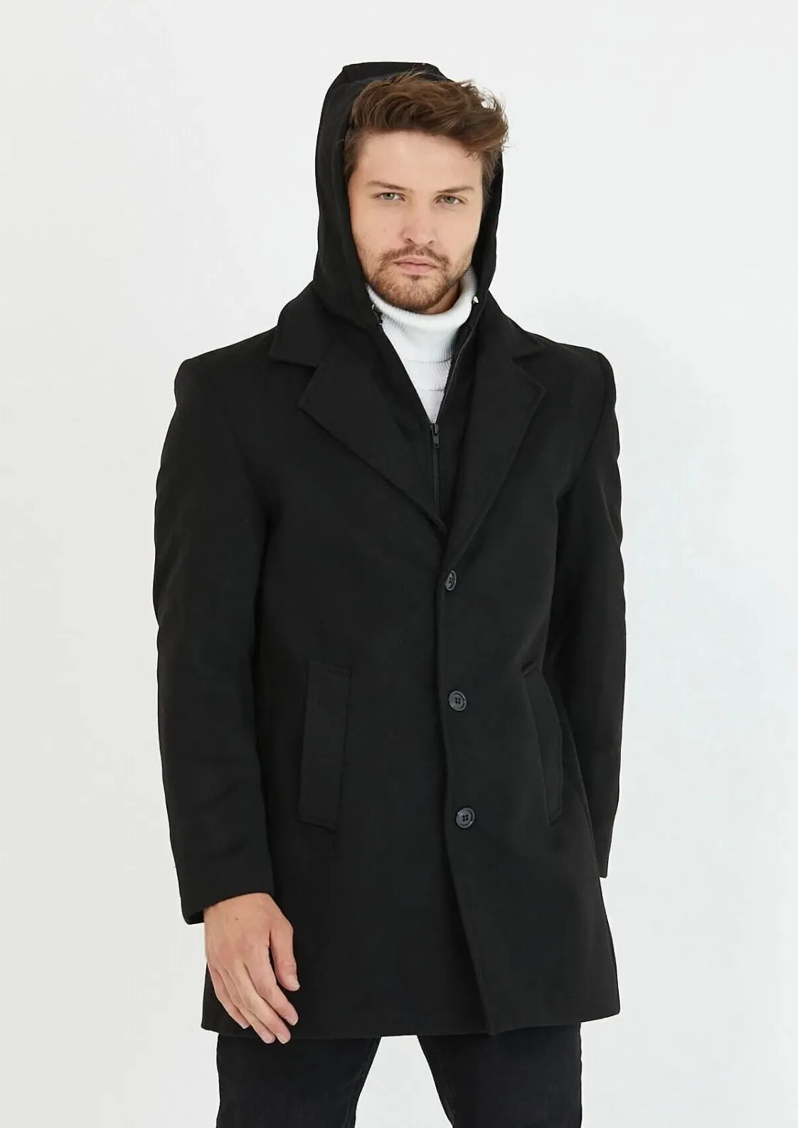 [Drew] Black Single-Breasted Pea Coat with Removable Hood 100% Wool