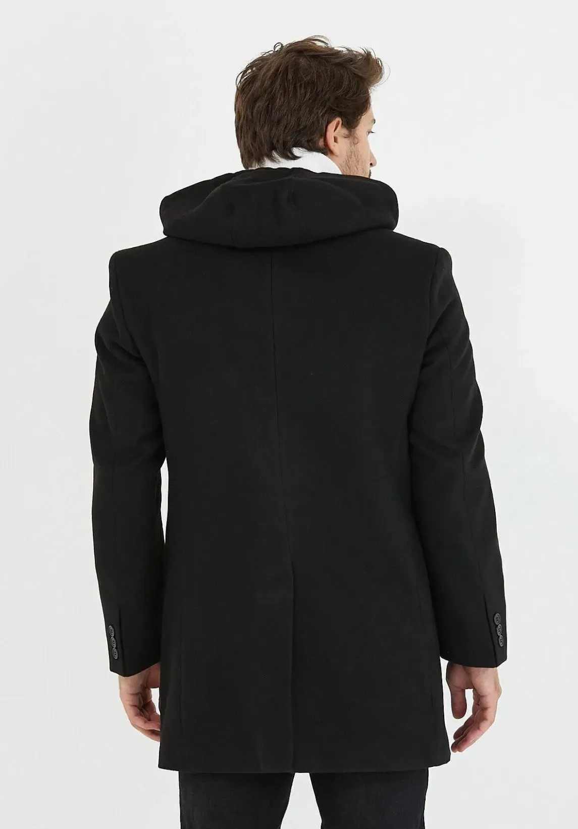 [Drew] Black Single-Breasted Pea Coat with Removable Hood 100% Wool
