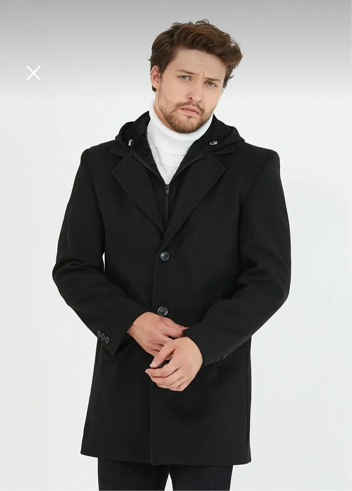 [Drew] Black Single-Breasted Pea Coat with Removable Hood 100% Wool