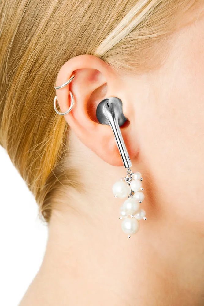 Earphone Silver Earring w. Pearl Cluster