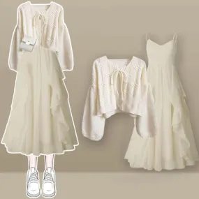 Elegant Cardigan Flouncing Slip Dress