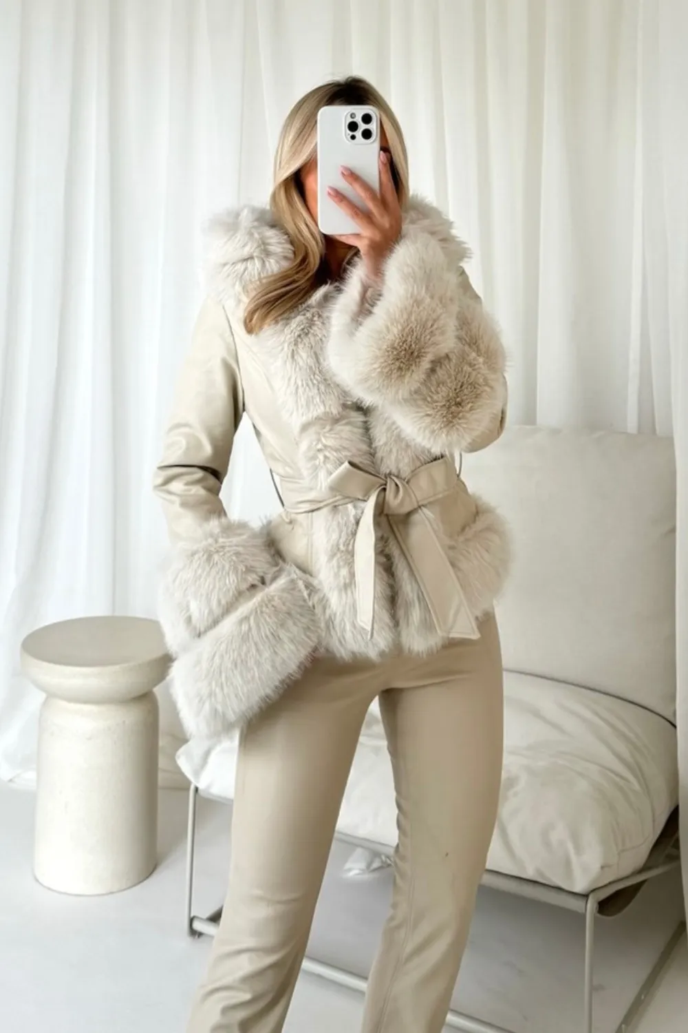 Emelia Cream hooded faux leather Faux fur coat