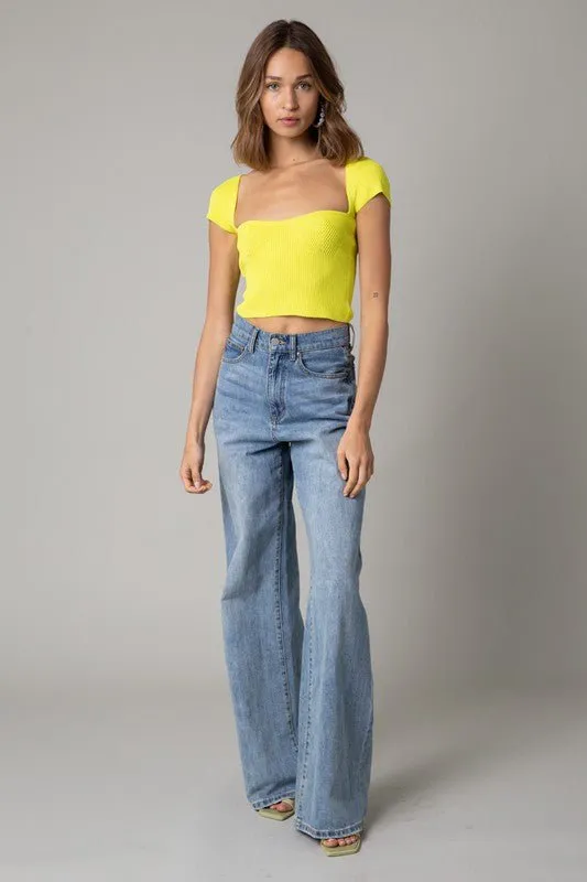 Emma Lemon Cap Sleeve Sweater Crop Top