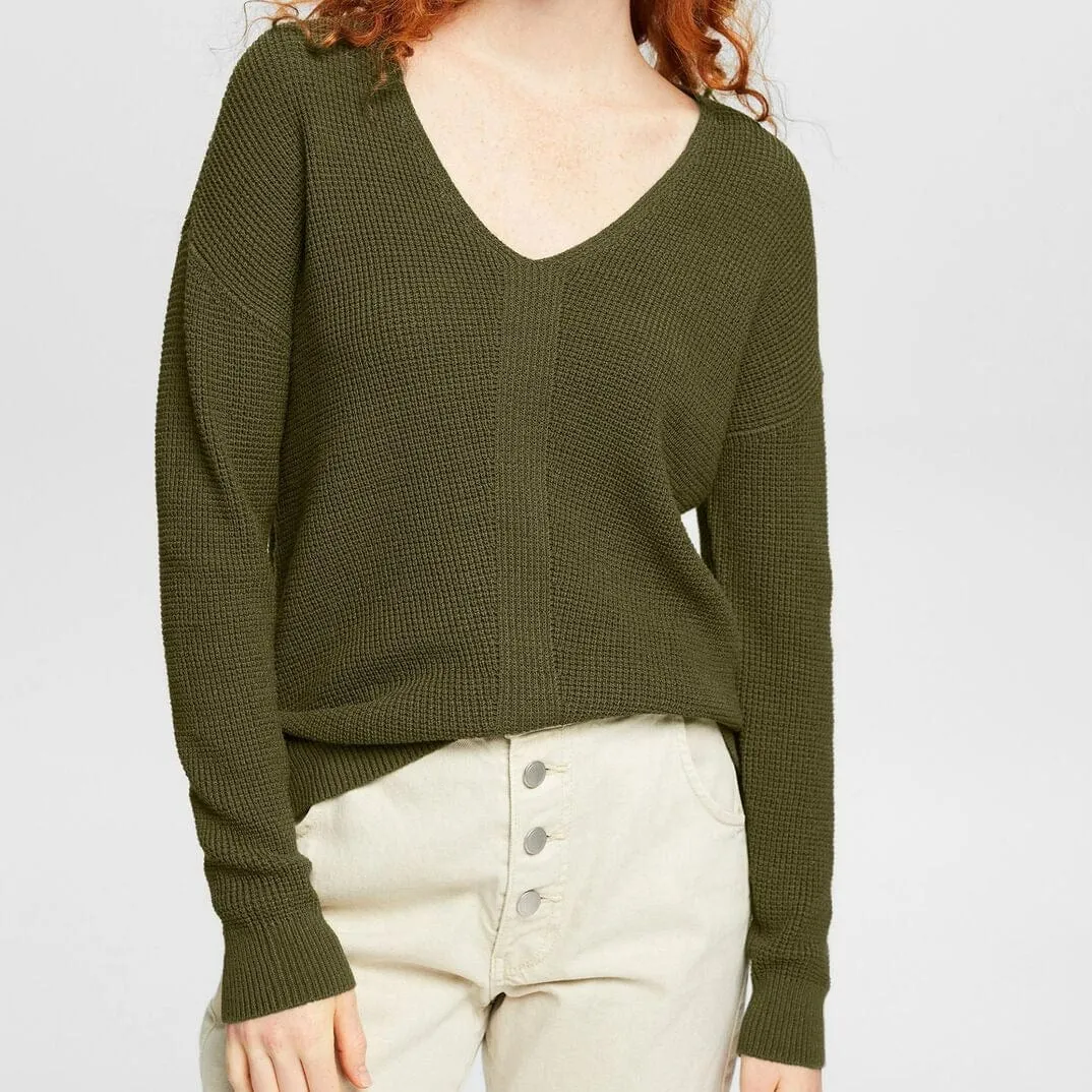 Esprit V-Neck Knitted Jumper Green Khaki