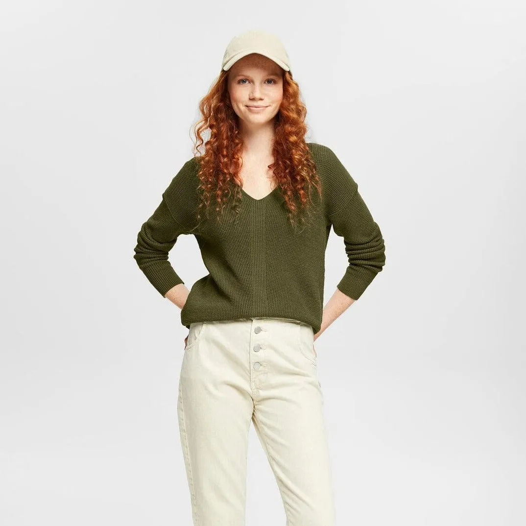 Esprit V-Neck Knitted Jumper Green Khaki