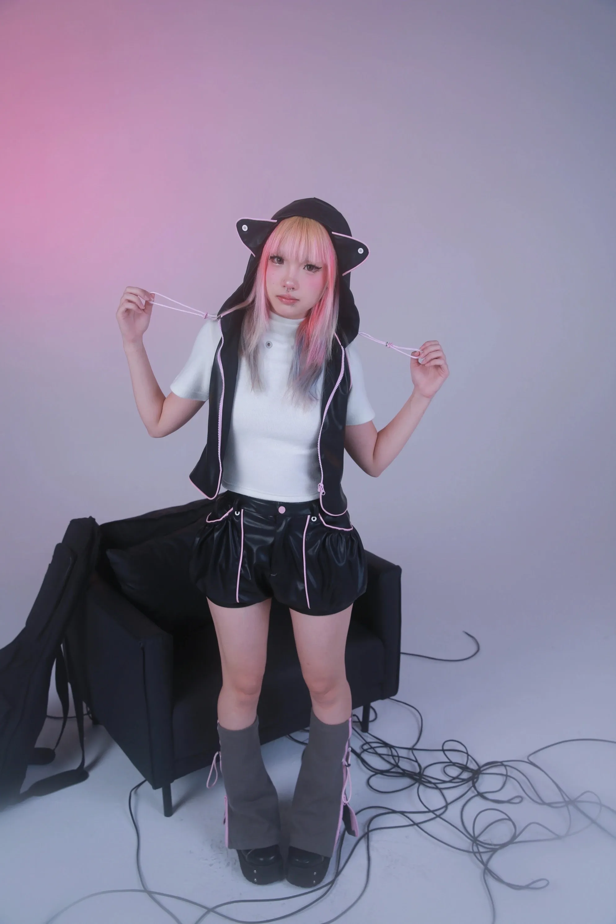 [Evil tooth] Cat Ear Hooded Leather Jacket