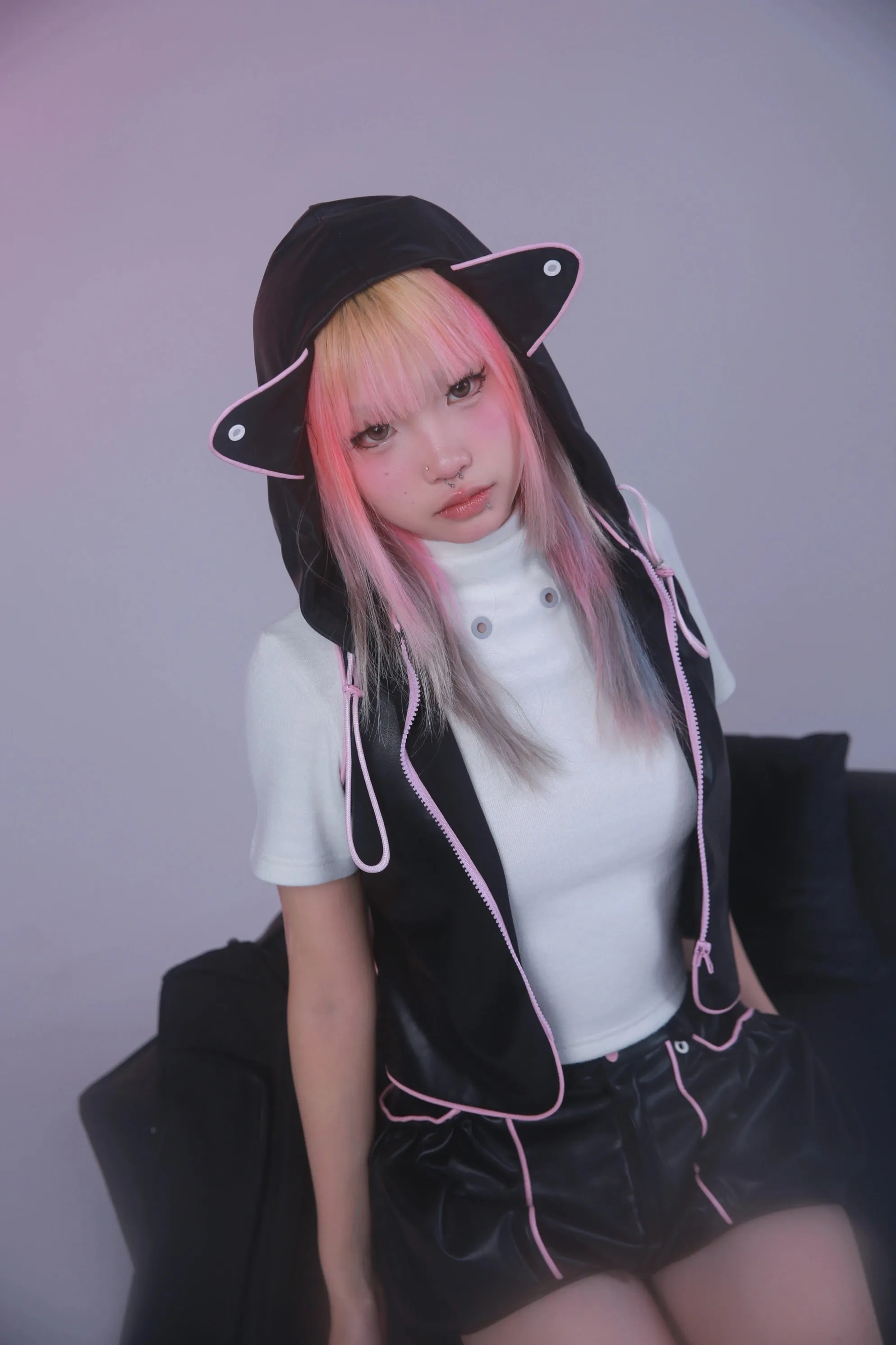 [Evil tooth] Cat Ear Hooded Leather Jacket