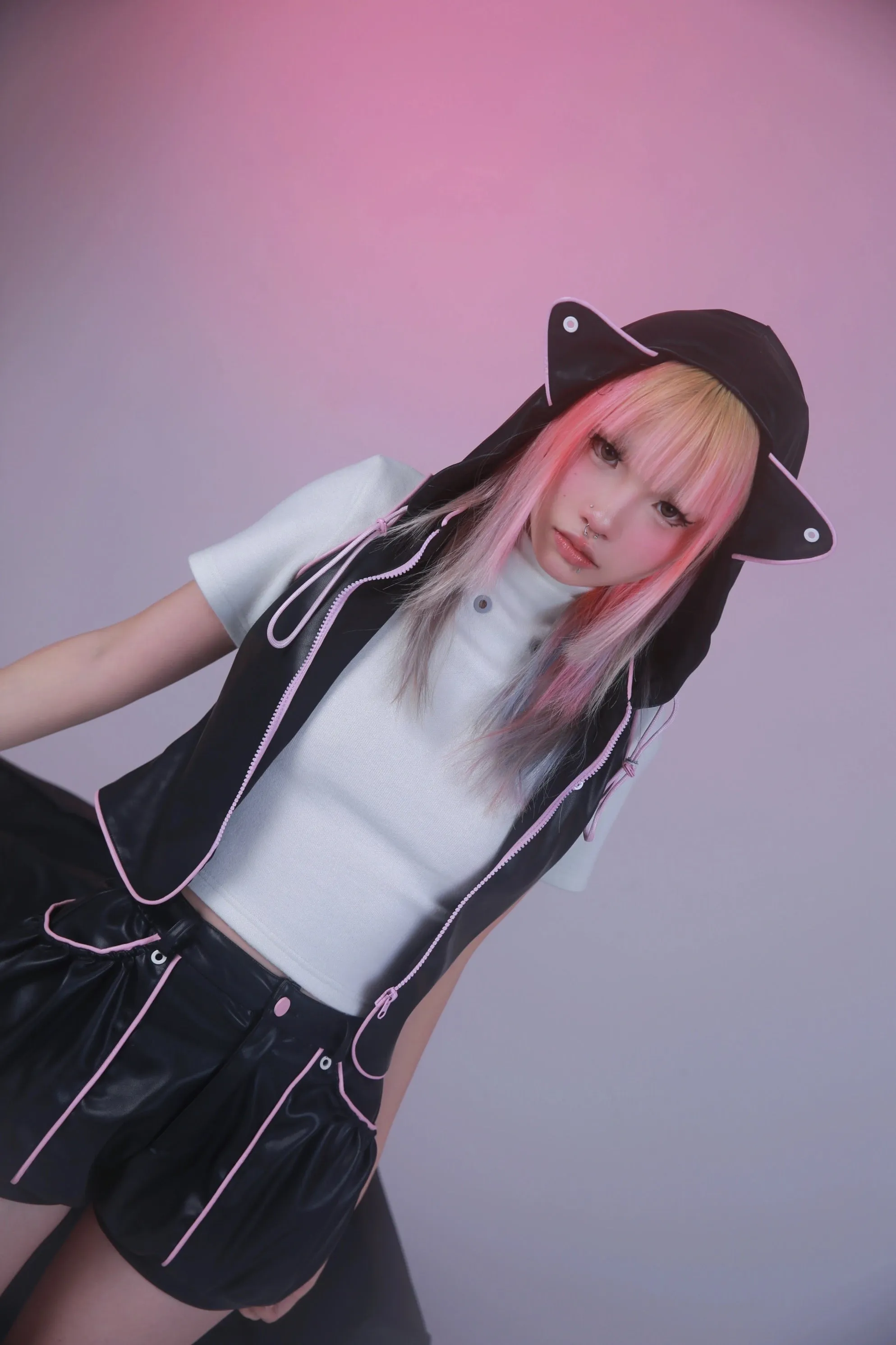 [Evil tooth] Cat Ear Hooded Leather Jacket