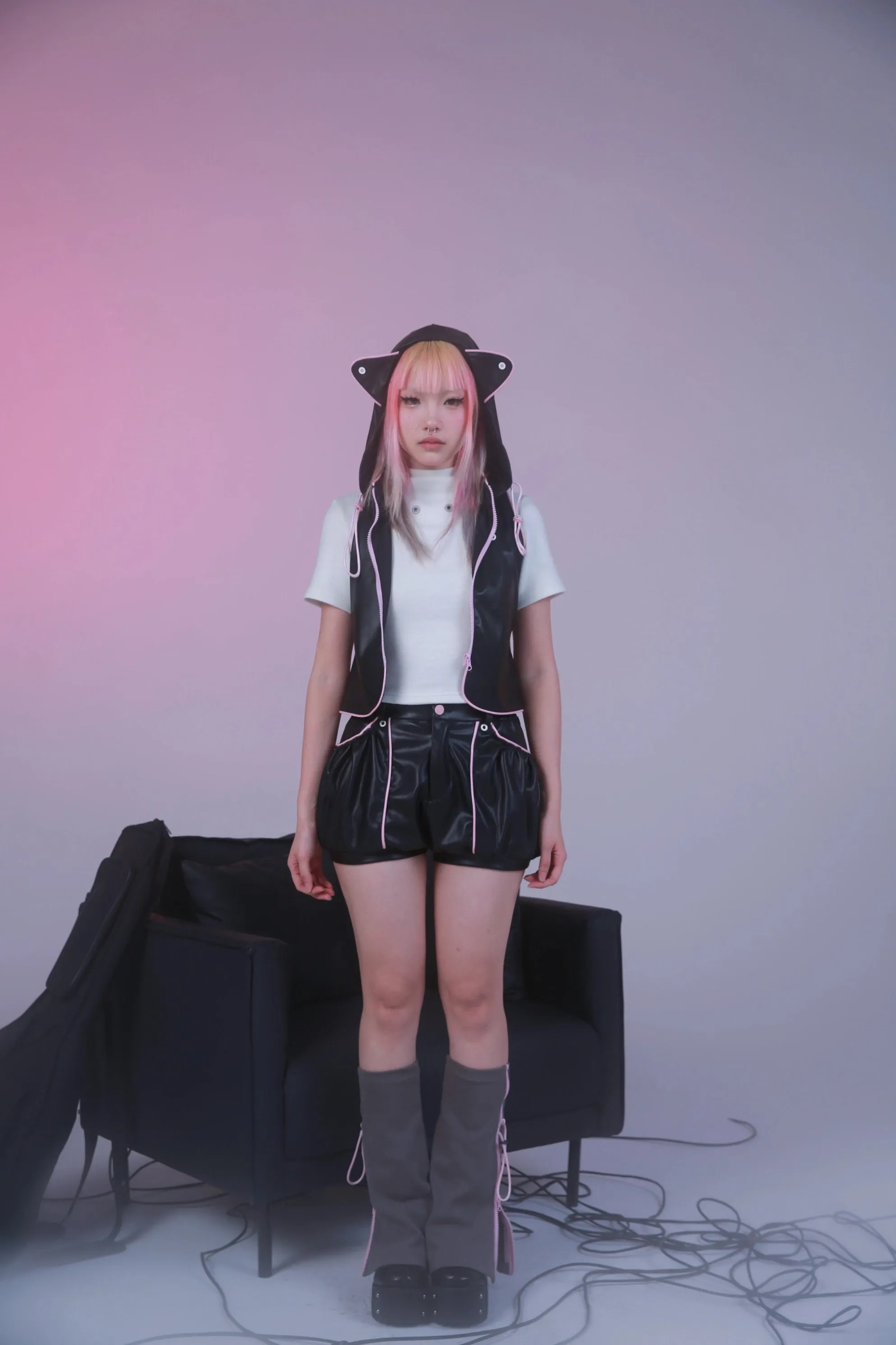 [Evil tooth] Cat Ear Hooded Leather Jacket