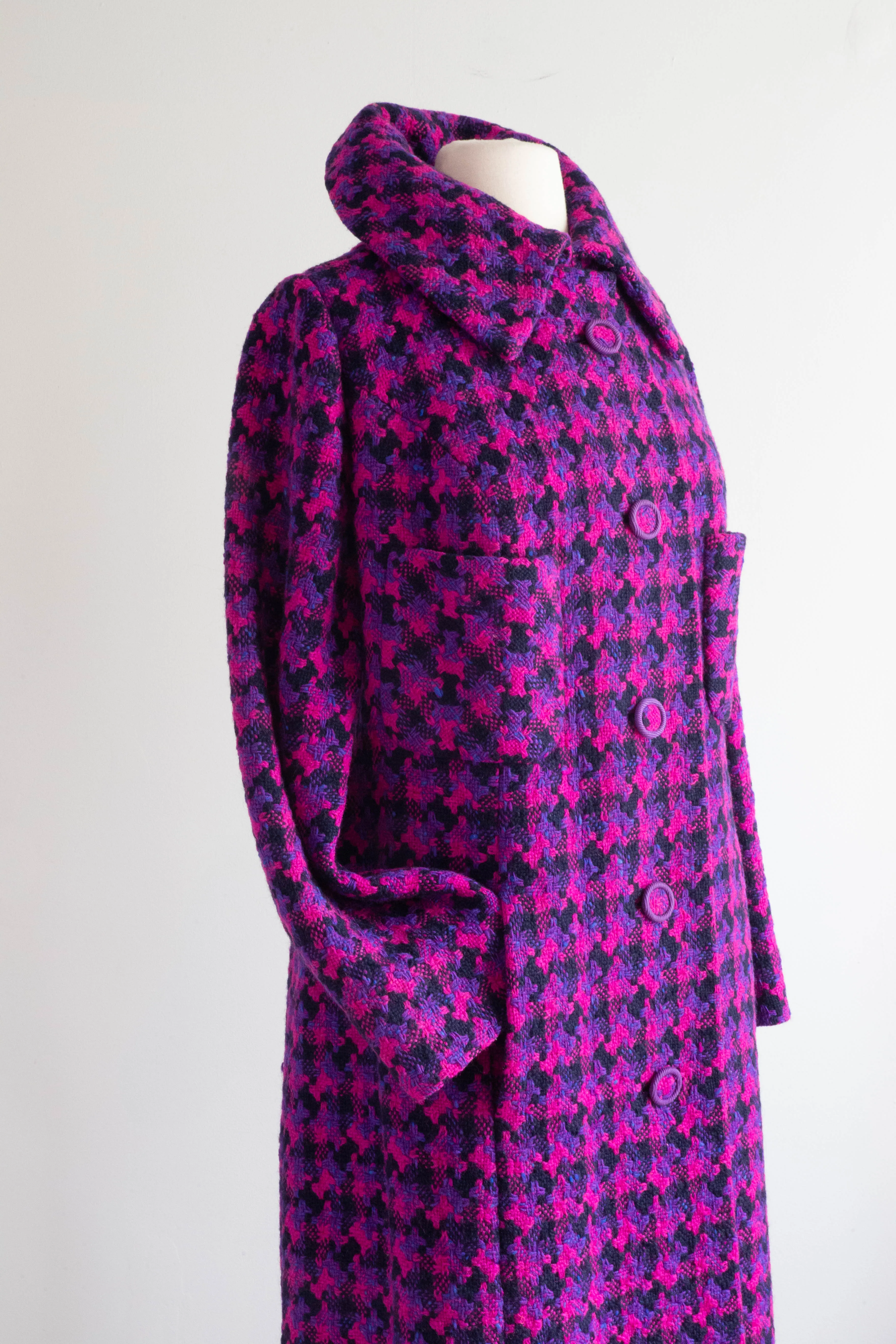 Fabulous 1960's Brilliant Houndstooth Jewel Tone Wool Coat / large