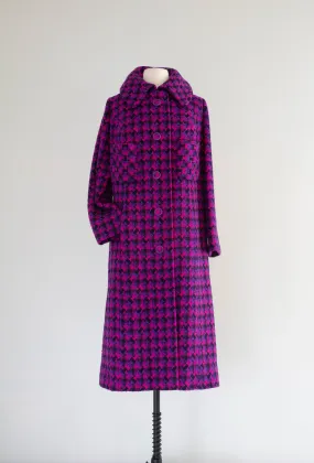 Fabulous 1960's Brilliant Houndstooth Jewel Tone Wool Coat / large