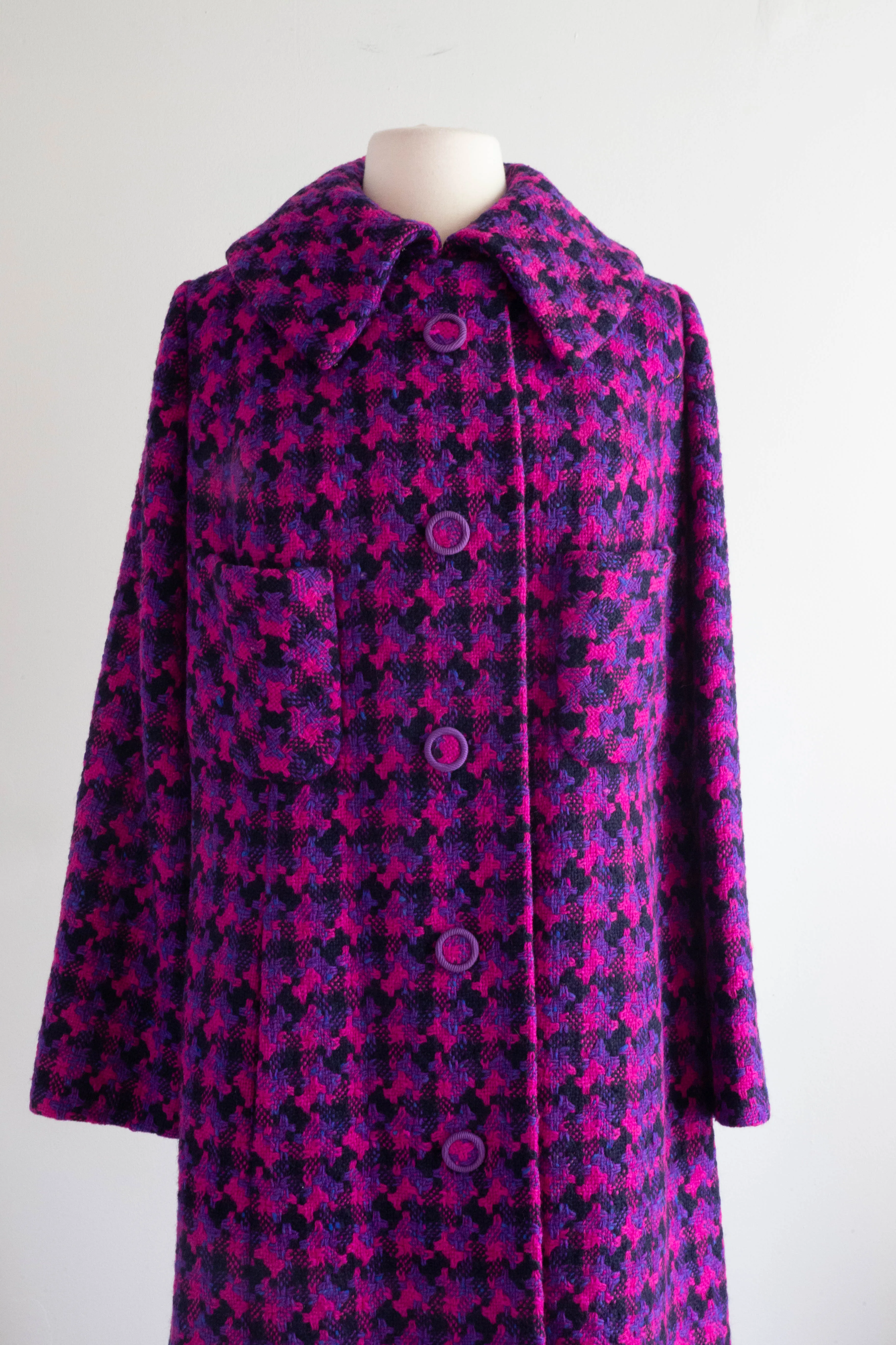 Fabulous 1960's Brilliant Houndstooth Jewel Tone Wool Coat / large