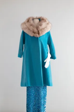 Fabulous 1960's Lilli Ann "Tiffany Blue" Fox Fur Swing Coat / Medium