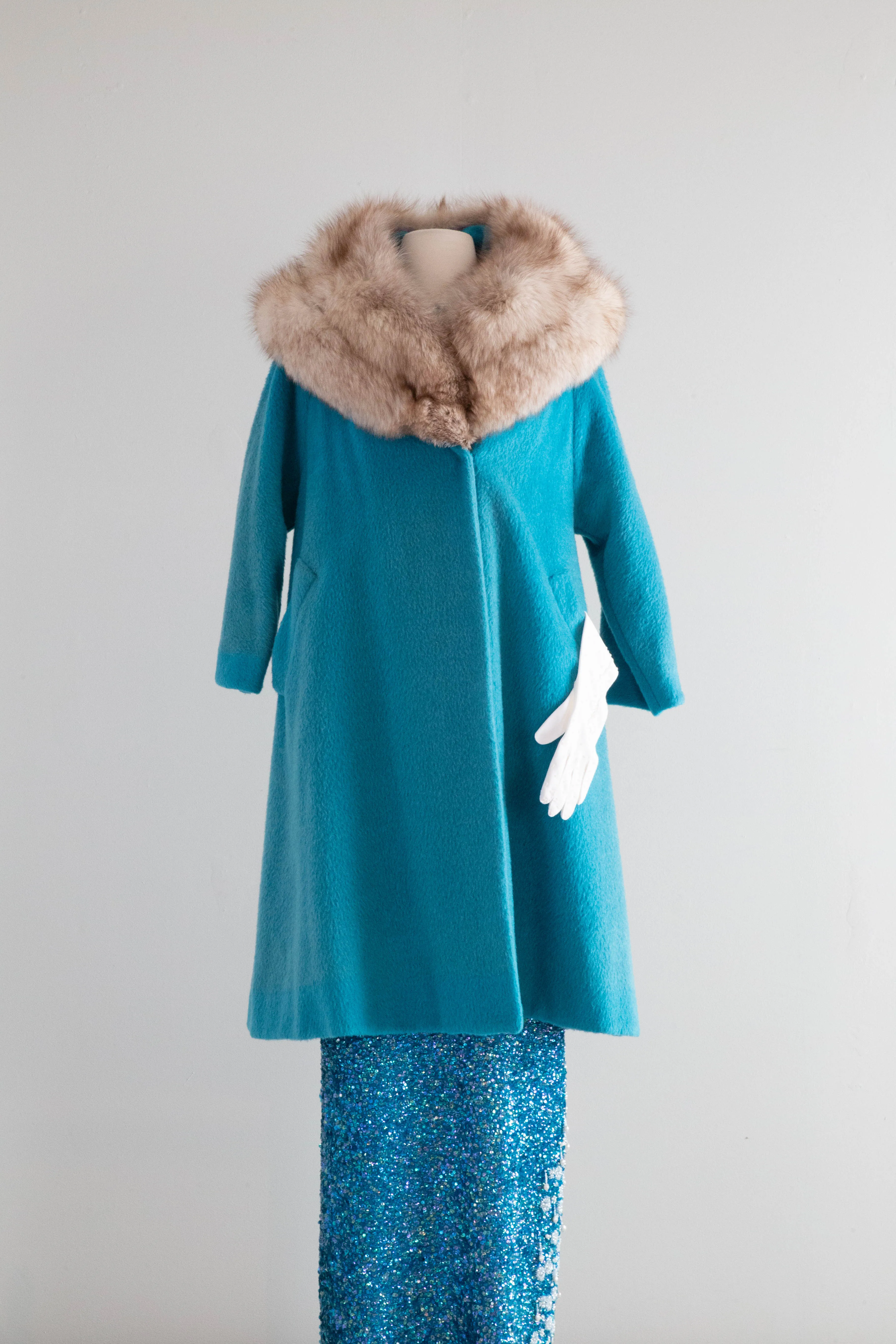 Fabulous 1960's Lilli Ann "Tiffany Blue" Fox Fur Swing Coat / Medium