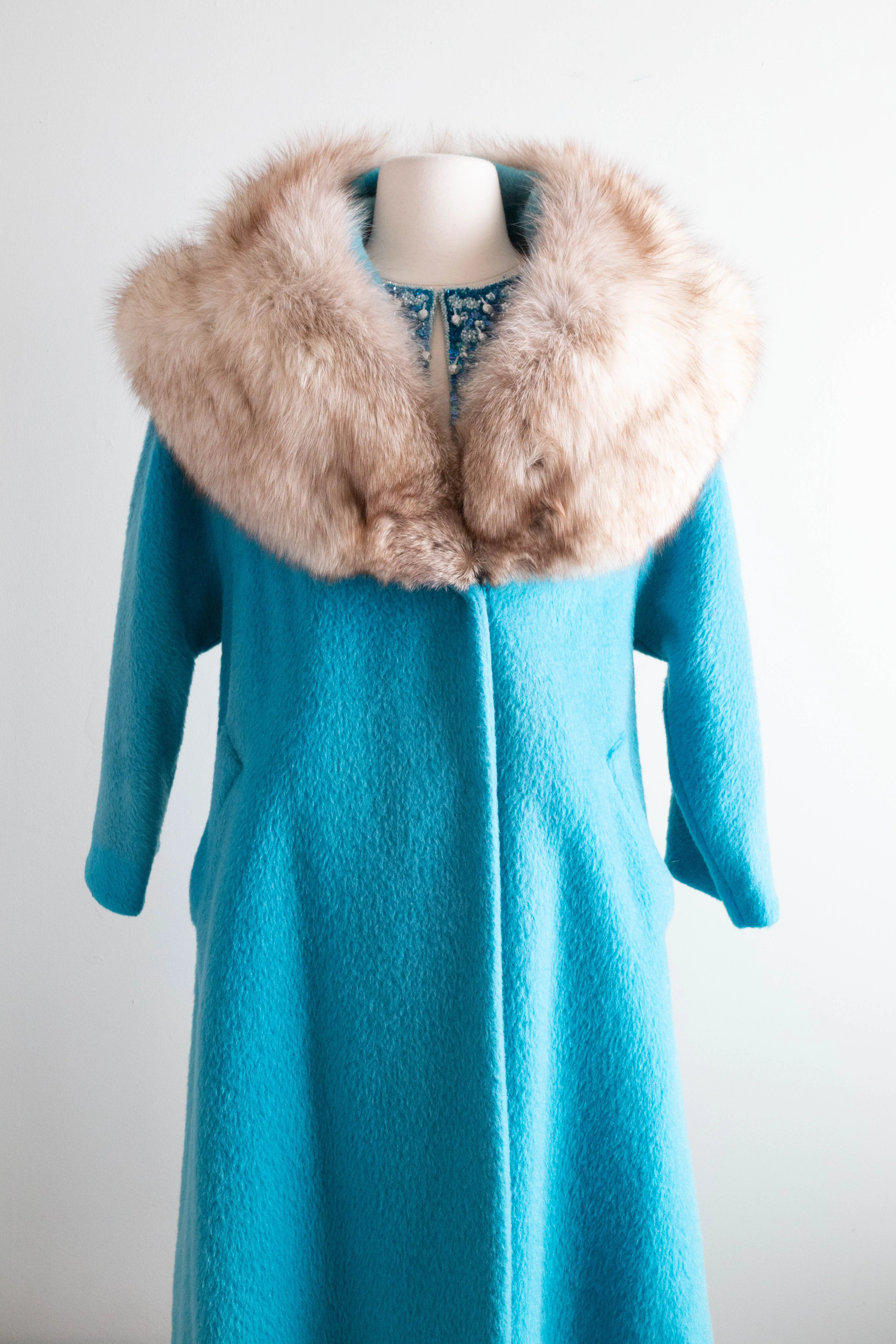 Fabulous 1960's Lilli Ann "Tiffany Blue" Fox Fur Swing Coat / Medium