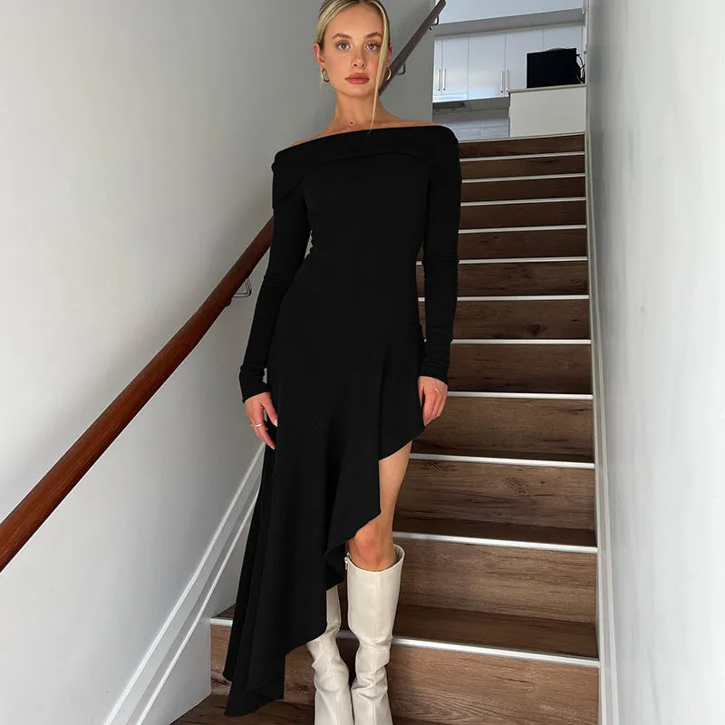 Fashionkova grunge outfits INS Style Fashion Women's Clothing Elegant off-Shoulder Long Sleeve Close-Fitting Ruffled Long Dress Women