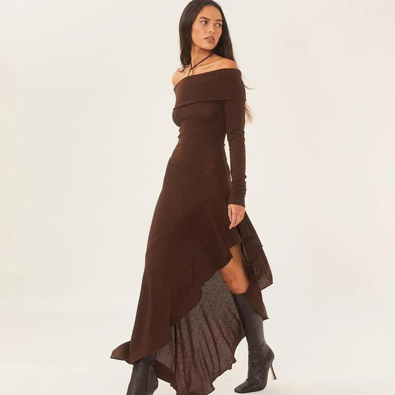 Fashionkova grunge outfits INS Style Fashion Women's Clothing Elegant off-Shoulder Long Sleeve Close-Fitting Ruffled Long Dress Women