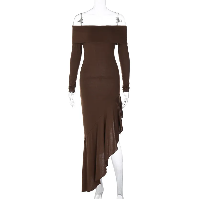 Fashionkova grunge outfits INS Style Fashion Women's Clothing Elegant off-Shoulder Long Sleeve Close-Fitting Ruffled Long Dress Women