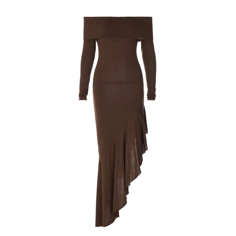Fashionkova grunge outfits INS Style Fashion Women's Clothing Elegant off-Shoulder Long Sleeve Close-Fitting Ruffled Long Dress Women